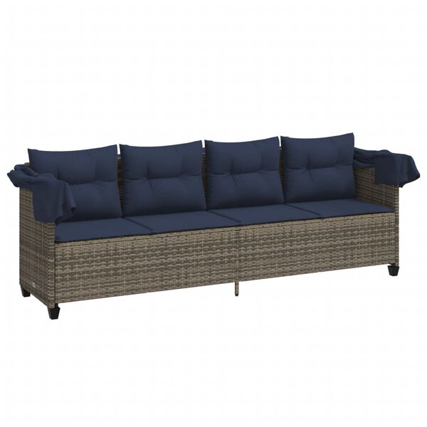 vidaXL Sonnenliege mit Dach und Kissen Grau Poly Rattan