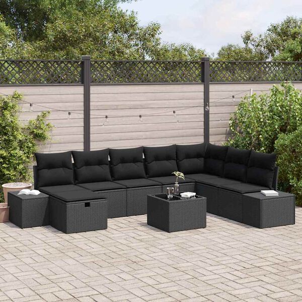 vidaXL Garten-Sofa-Set mit Kissen 9 pcs Schwarz Poly Rattan