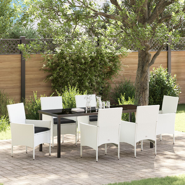 vidaXL Garten Essgruppe mit Kissen 7 pcs Wei&szlig; Poly Rattan