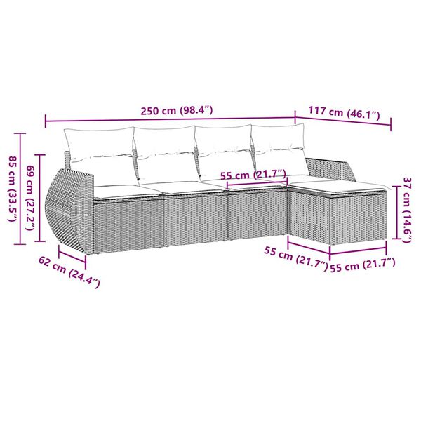 vidaXL 5-tlg. Garten-Sofagarnitur mit Kissen Hellgrau Poly Rattan