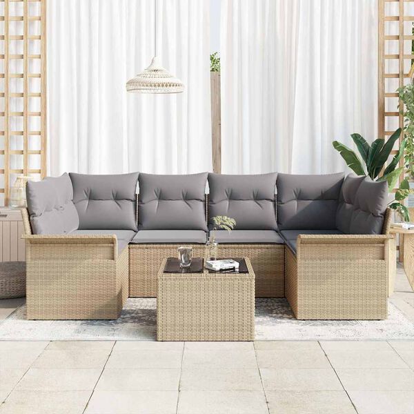 vidaXL Garten-Sofa-Set mit Kissen mit Speicher 7 pcs Beige und Grau