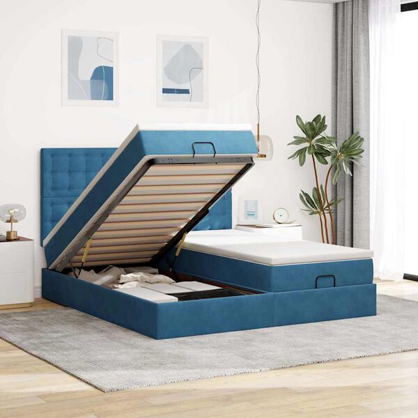 vidaXL Ottoman-Bett mit Matratzen & LED Dunkelblau 200x200 cm Samt