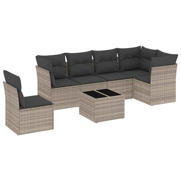 vidaXL 7-tlg. Garten-Sofagarnitur mit Kissen Hellgrau Poly Rattan