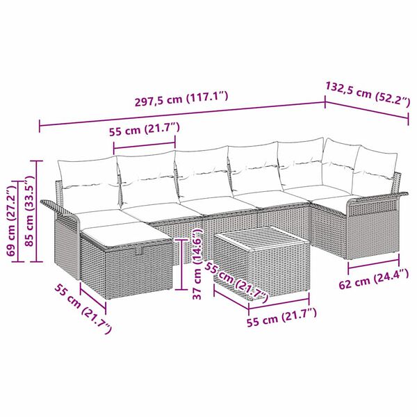 vidaXL Gartensofa-set mit Kissen mit Speicher 8 pcs Beige Poly-Rattan