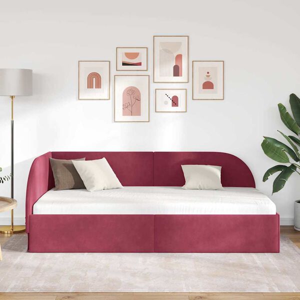vidaXL Eckbettgestell Weinrot 90 cm x 200 cm Polyester und Sperrholz