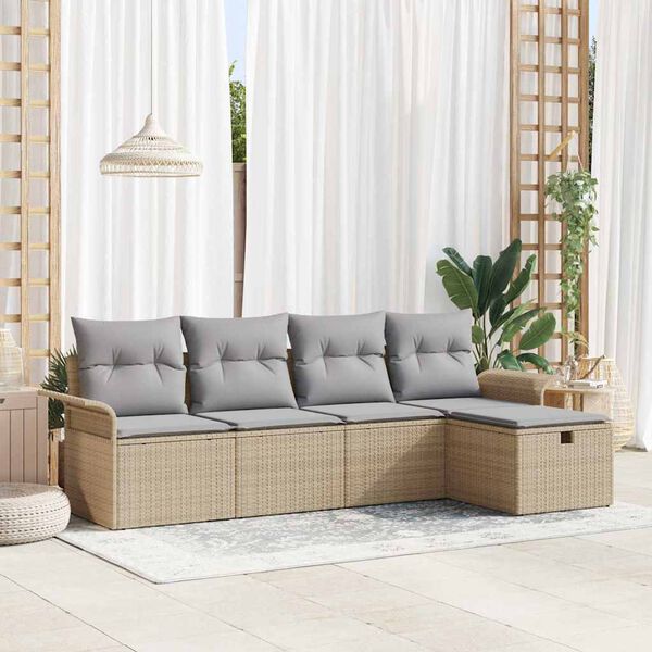 vidaXL Garten-Sofa-Set mit Kissen mit Speicher 5 pcs Beige Poly Rattan