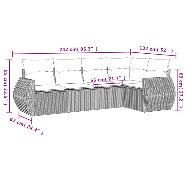 vidaXL 5-tlg. Garten-Sofagarnitur mit Kissen Braun Poly Rattan