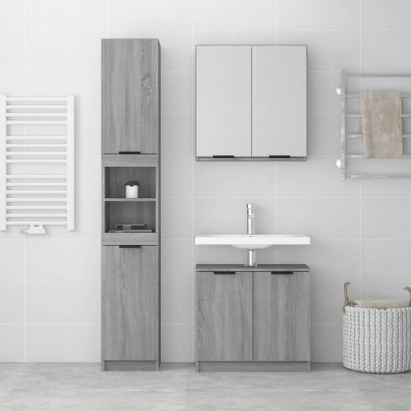 vidaXL 3-tlg. Badm&ouml;bel-Set Grau Sonoma Holzwerkstoff