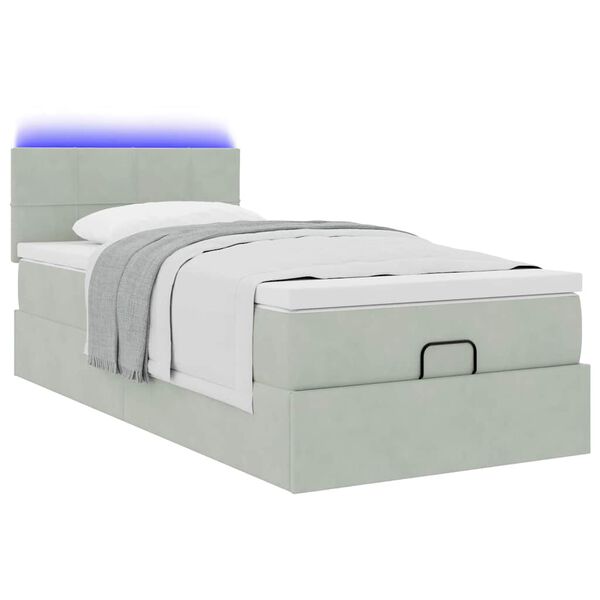 vidaXL Ottoman-Bett mit Matratze & LEDs Hellgrau 90x190 cm Samt