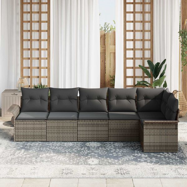 vidaXL Garten-Sofa-Set mit Kissen mit Speicher 6 pcs Grau Poly Rattan