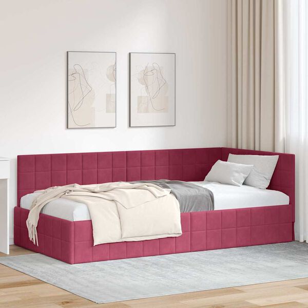 vidaXL Eckbettgestell mit Kopfteil Weinrot 90 cm x 190 cm Samt