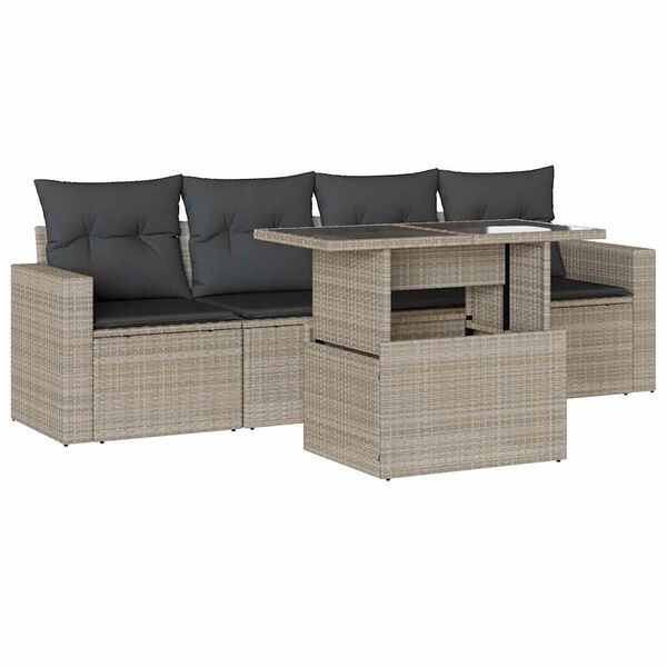 vidaXL 5-tlg. Garten-Sofagarnitur mit Kissen Hellgrau Poly Rattan