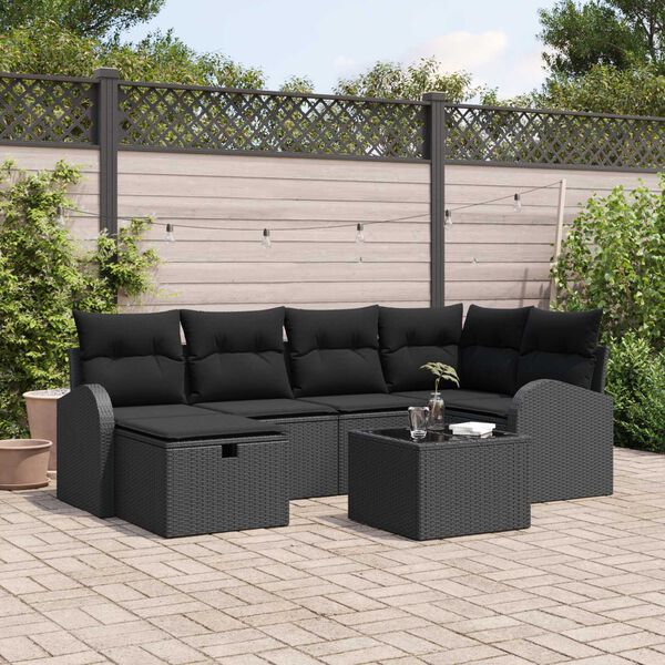 vidaXL Garten-Sofa-Set mit Kissen 7 pcs Schwarz Poly Rattan