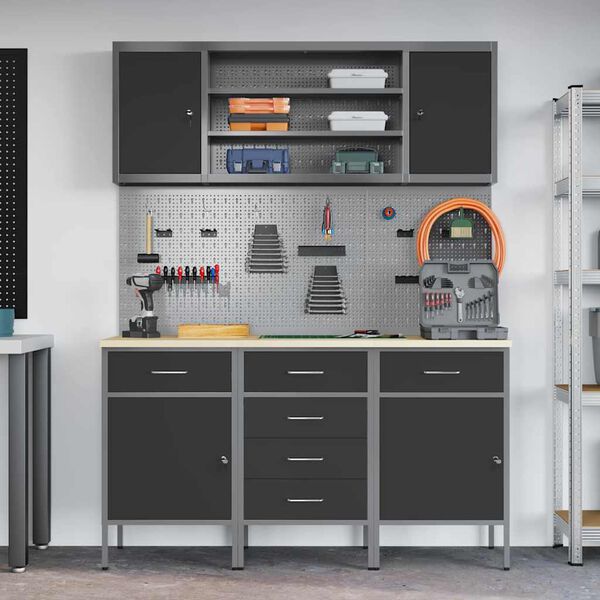 vidaXL Werkbank mit Schubladen 7 pcs Schwarz Ingenieure Holz und Stahl