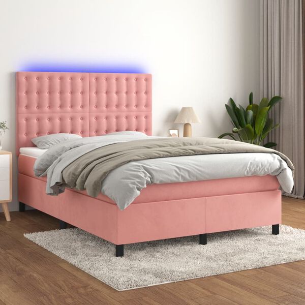 vidaXL Boxspringbett mit Matratze & LED Rosa 140x200 cm Samt
