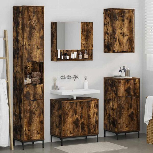 vidaXL Badezimmerm&ouml;bel-Set Ger&auml;ucherte Eiche Holzwerkstoff, Metall