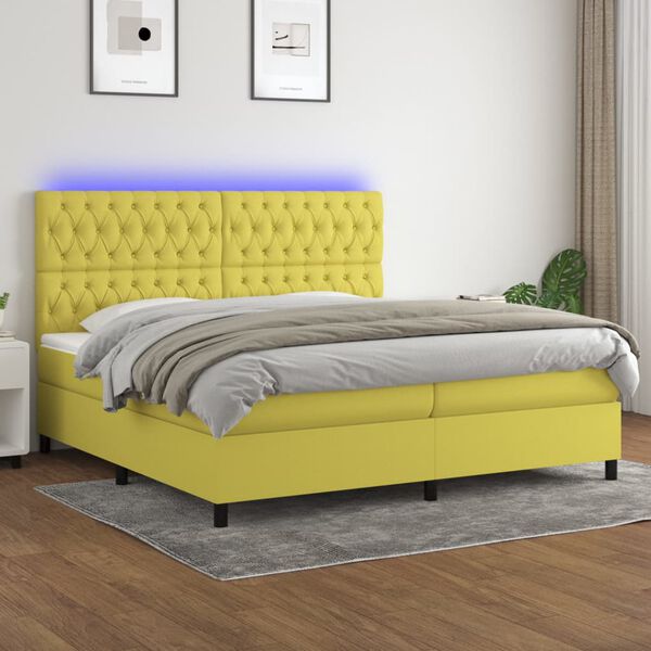 vidaXL Boxspringbett mit Matratze & LED Gr&uuml;n 200x200 cm Stoff