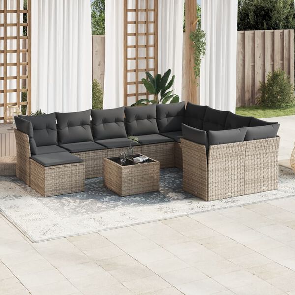 vidaXL 11-tlg. Garten-Sofagarnitur mit Kissen Grau Poly Rattan
