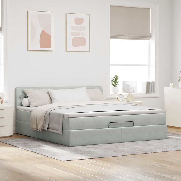 vidaXL Ottoman-Bett mit Matratze & LEDs Hellgrau 160x200 cm Samt