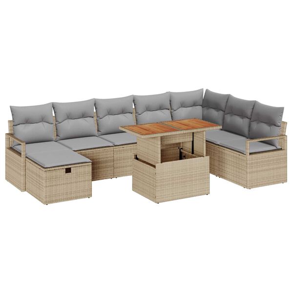 vidaXL Garten-Sofa-Set mit Kissen mit Speicher 9 pcs Beige Poly Rattan