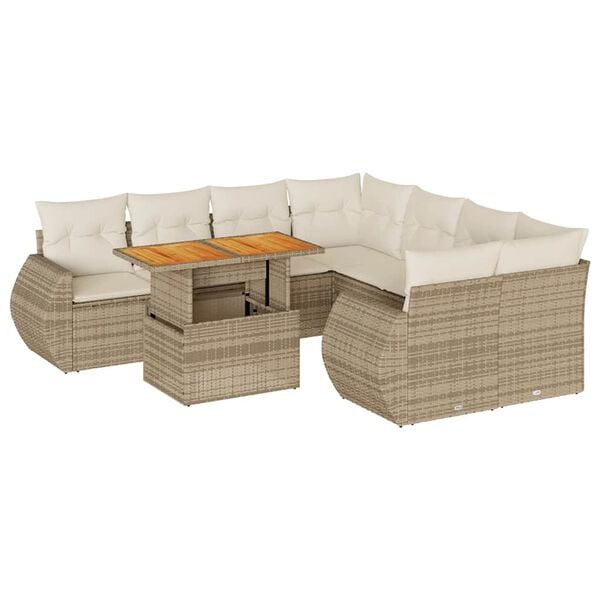 vidaXL 9-tlg. Garten-Sofagarnitur mit Kissen Beige Poly Rattan