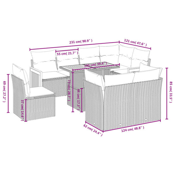 vidaXL 9-tlg. Garten-Sofagarnitur mit Kissen Beige Poly Rattan