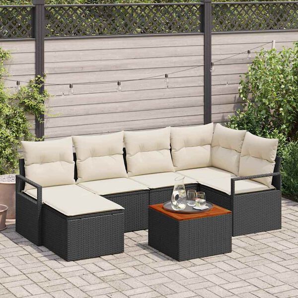 vidaXL Garten-Sofa-Set mit Kissen 7 pcs Schwarz Poly Rattan