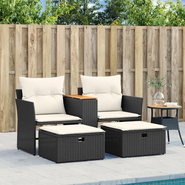 vidaXL Gartensofa 2-Sitzer mit Hockern Schwarz Poly Rattan
