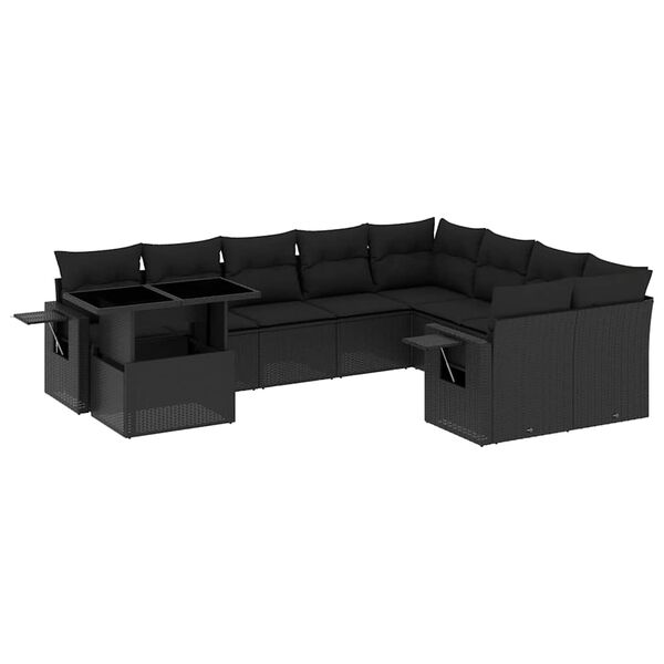 vidaXL 10-tlg. Garten-Sofagarnitur mit Kissen Schwarz Poly Rattan