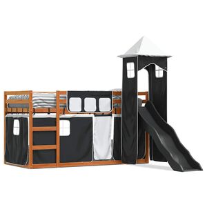 vidaXL Etagenbett mit Rutsche und Gardinen Wei&szlig; und Schwarz 90x200 cm