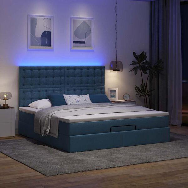 vidaXL Ottoman-Bett mit Matratze & LEDs Blau 180x200 cm Stoff