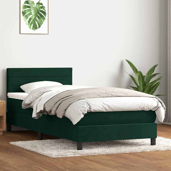 vidaXL Boxspringbett mit Matratze & LED Dunkelgr&uuml;n 90x210 cm Samt