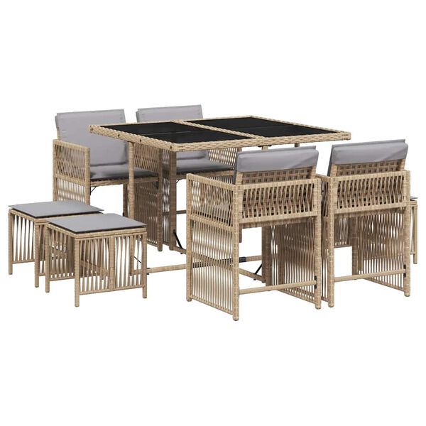 vidaXL 9-tlg. Garten-Essgruppe mit Kissen Beigemischung Poly Rattan