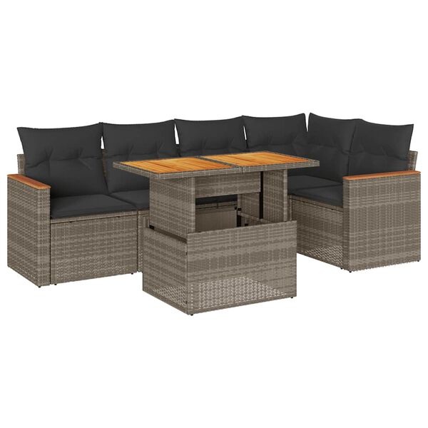 vidaXL 6-tlg. Garten-Sofagarnitur mit Kissen Grau Poly Rattan Akazie