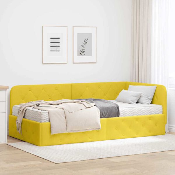 vidaXL Eckbettgestell mit Matratze mit Kopfteil Gelb 90 x 190 cm Samt