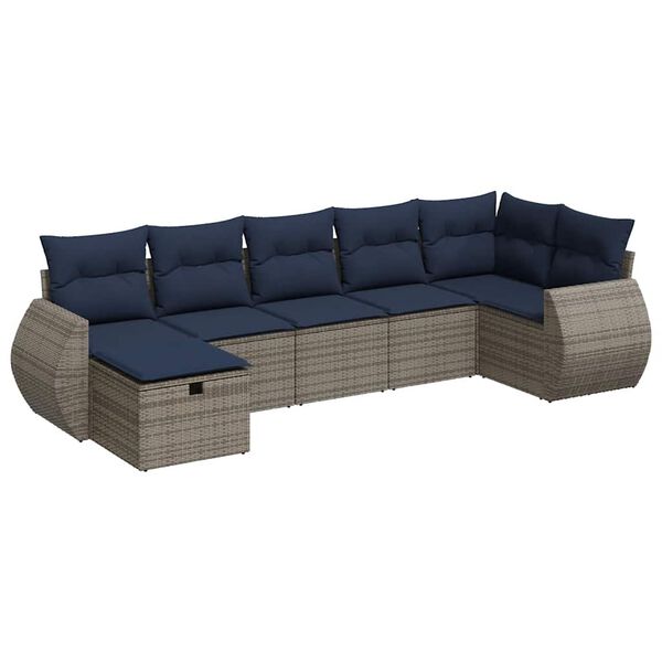vidaXL 7-tlg. Garten-Sofagarnitur mit Kissen Grau Poly Rattan