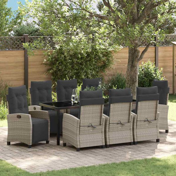 vidaXL Garten Essgruppe mit Kissen 9 pcs Hellgrau Poly-Rattan