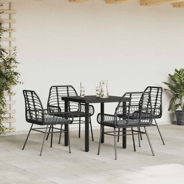 vidaXL 5-tlg. Garten-Essgruppe mit Kissen Schwarz Poly Rattan Glas