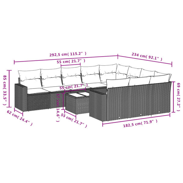 vidaXL 11-tlg. Garten-Sofagarnitur mit Kissen Braun Poly Rattan
