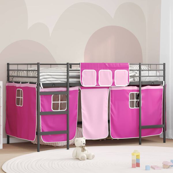 vidaXL Kinder Loft Bettgestell mit Vorh&auml;ngen Schwarz und Pink