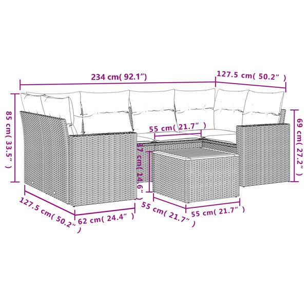 vidaXL 7-tlg. Garten-Sofagarnitur mit Kissen Grau Poly Rattan