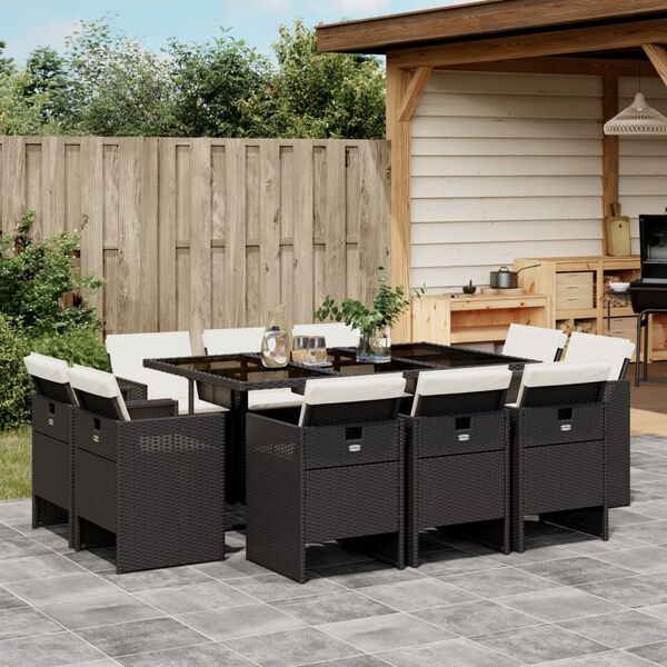vidaXL 11-tlg. Garten-Essgruppe mit Kissen Schwarz Poly Rattan