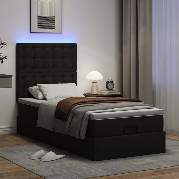 vidaXL Ottoman-Bett mit Matratze & LEDs Schwarz 90x200 cm Kunstleder