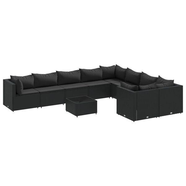 vidaXL 10-tlg. Garten-Sofagarnitur mit Kissen Schwarz Poly Rattan