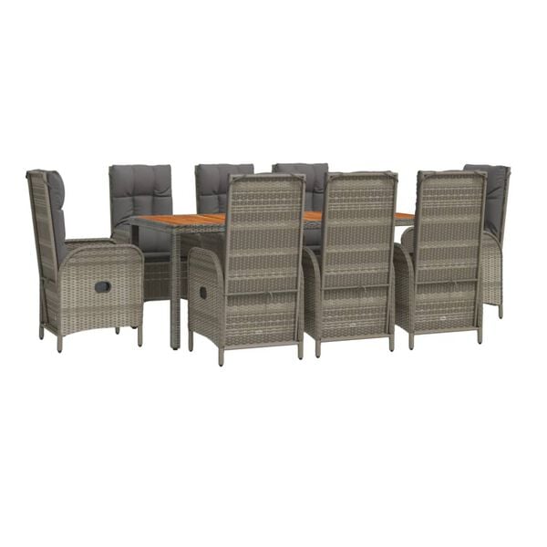 vidaXL 9-tlg. Garten-Essgruppe mit Kissen Grau Poly Rattan