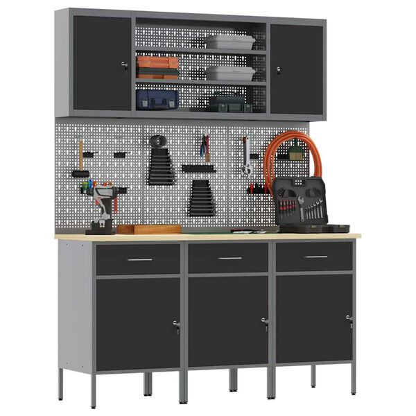 vidaXL Werkbank mit Schubladen 7 pcs Schwarz Ingenieure Holz und Stahl