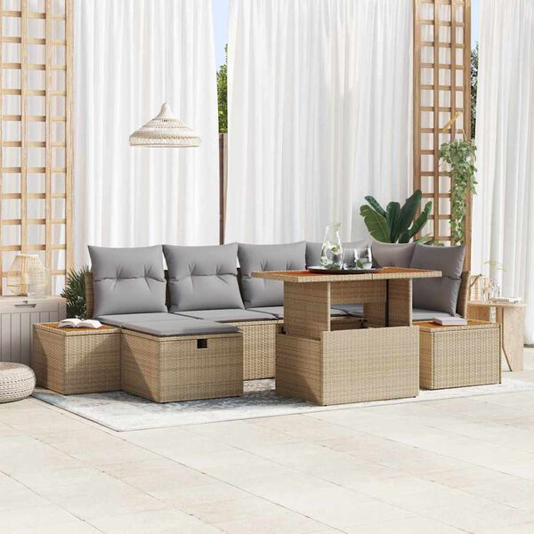 vidaXL Gartensofa-set mit Kissen mit Speicher 7 pcs Beige Poly-Rattan