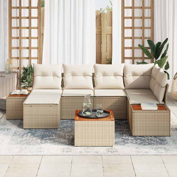 vidaXL Garten-Sofa-Set mit Kissen 7 pcs Beige und Creme Poly Rattan