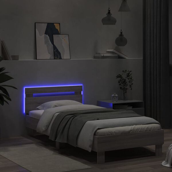 vidaXL Bettgestell mit Kopfteil und LED-Leuchten Grau Sonoma 90x190 cm
