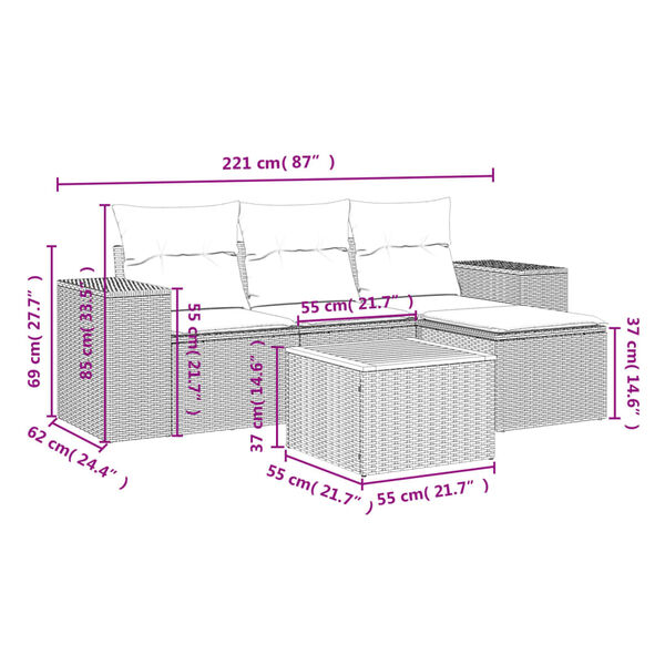 vidaXL 5-tlg. Garten-Sofagarnitur mit Kissen Beige Poly Rattan